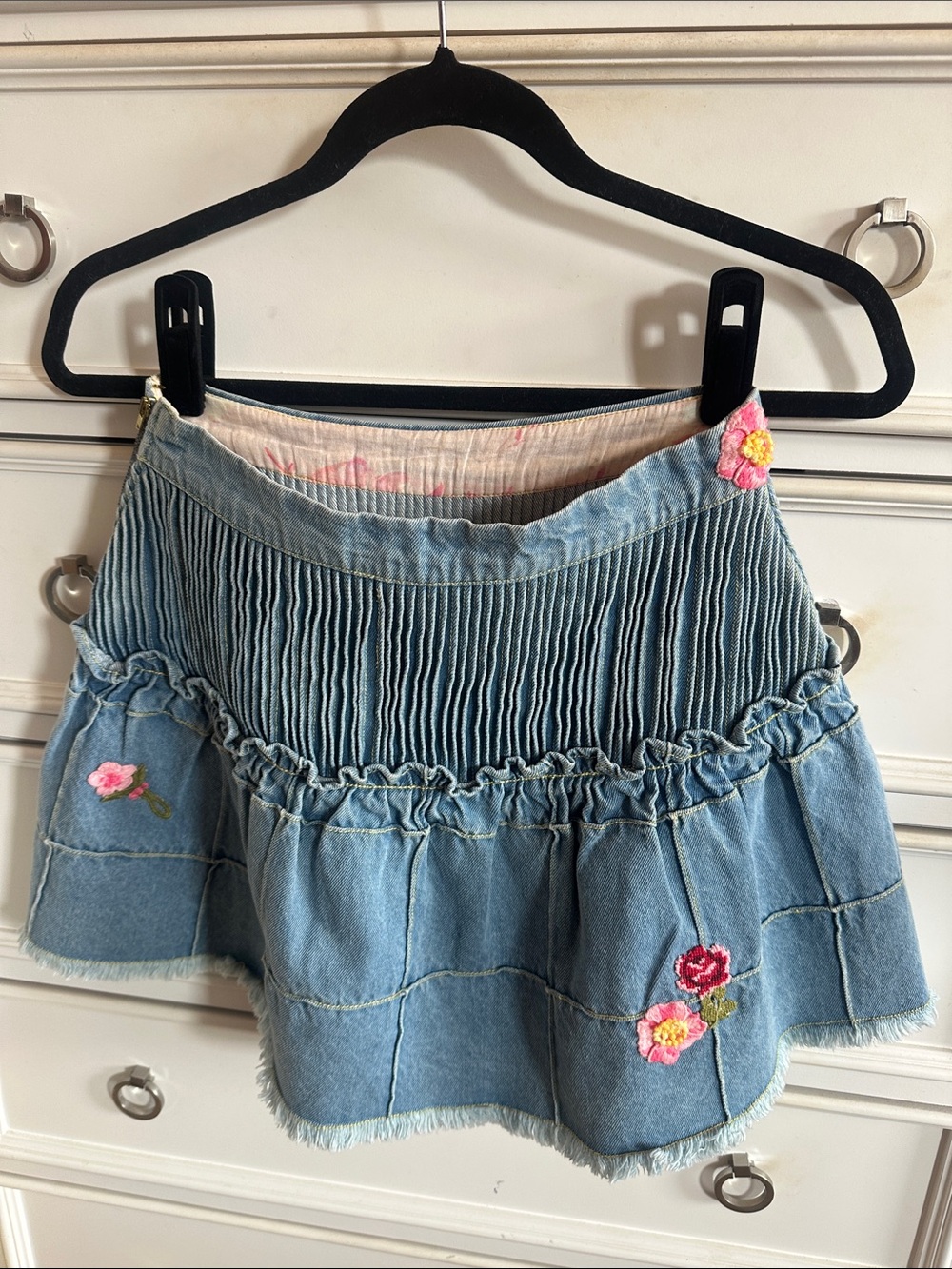 LoveShackFancy Blue Denim Tiered Skirt with Pink Floral Embroidery like new